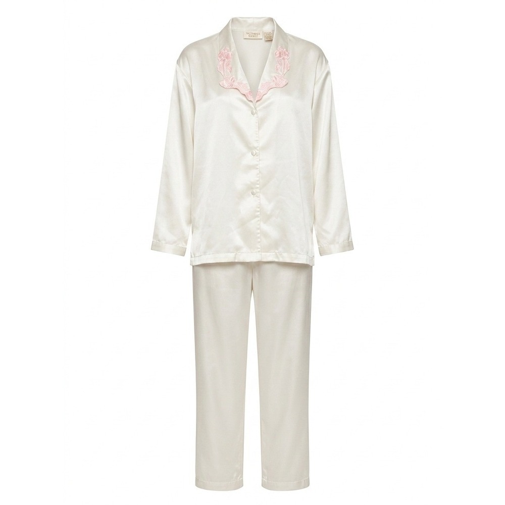 VTG Victoria's Secret Gold Label Satin Pajama Set Rose Embroidery Ivory Flaws Lg